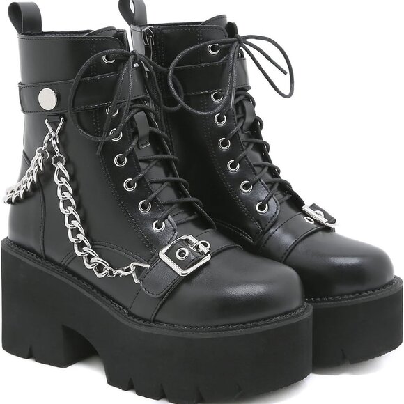 Women's Black Goth Platform Boots Chunky Ankle Combat Shoes with Chains - Picture 1 of 6